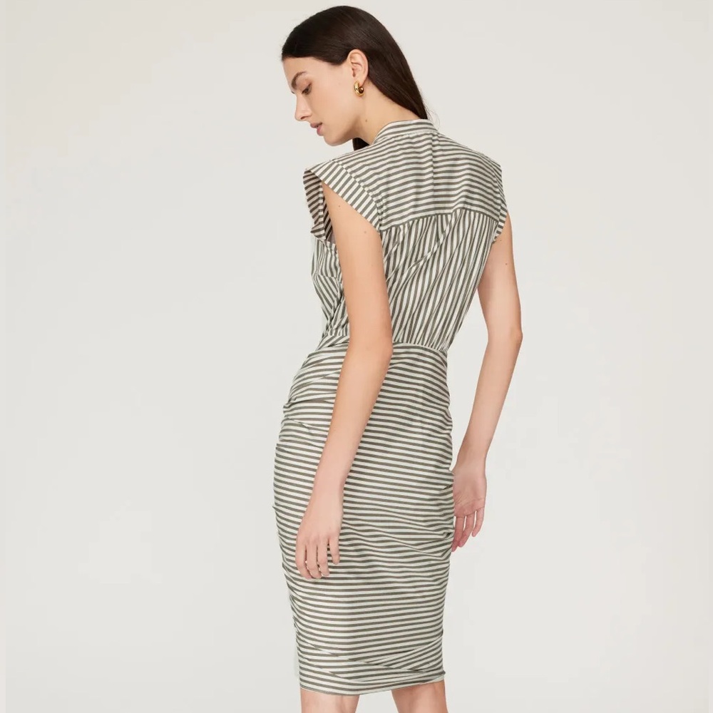 NWT ⭐️ VERONICA BEARD Ruched Striped Shirt Dress – Size 6 – Army Green/White - Picture 3 of 7